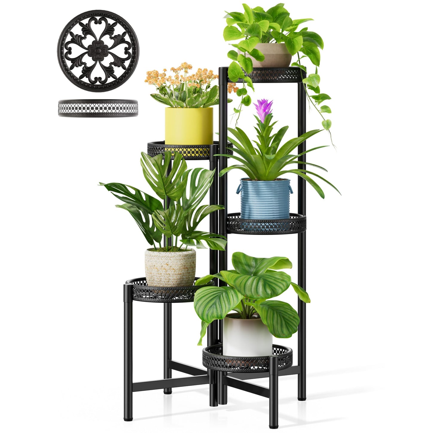NQW Plant Stand Indoor Outdoor, 5 Tier Corner Metal Flower Display Holder Shelf, Folding Tall Rack for Patio Balcony Porch Garden Living Room House, Heavy Duty Wrought Iron Plant Shelf- BlackWave