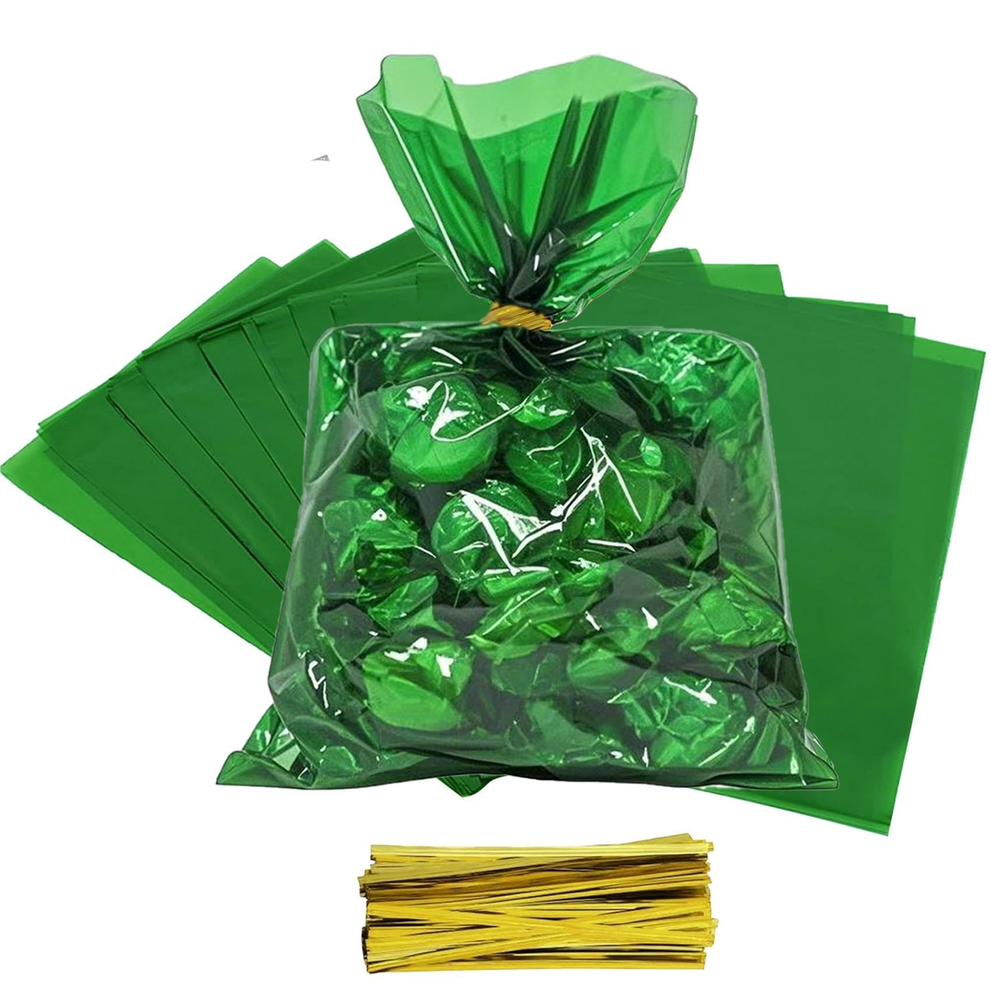 brzikwt 100Pcs Green Gift Bags，Cellophane Bags,Treat Bags,Goodie Bags,Candy Bags They are suitable for Valentine, Birthday, Christmas,Gift Cookie Snack Packing Party Favor Supplies 6x9 inch