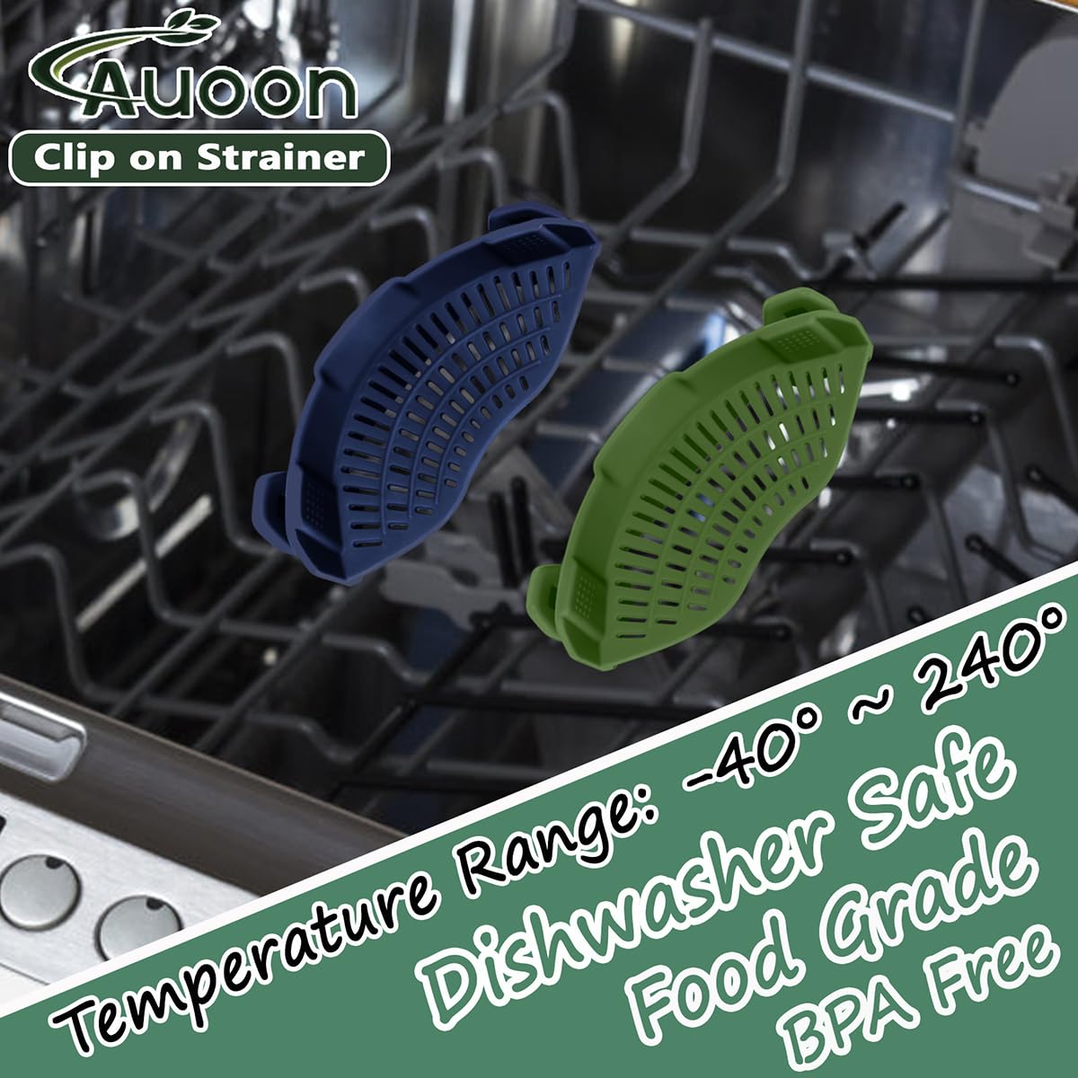AUOON Clip On Strainer Silicone for All Pots and Pans, Pasta Strainer Clip on Food Strainer for Meat Vegetables Fruit Silicone Kitchen Colander