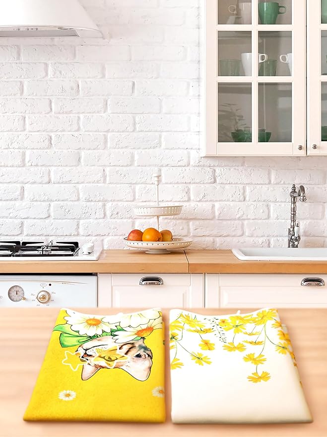 Bencailor 4 Pcs Cat Kitchen Towels Yellow Floral Cute Kitty Hand Dish Towels