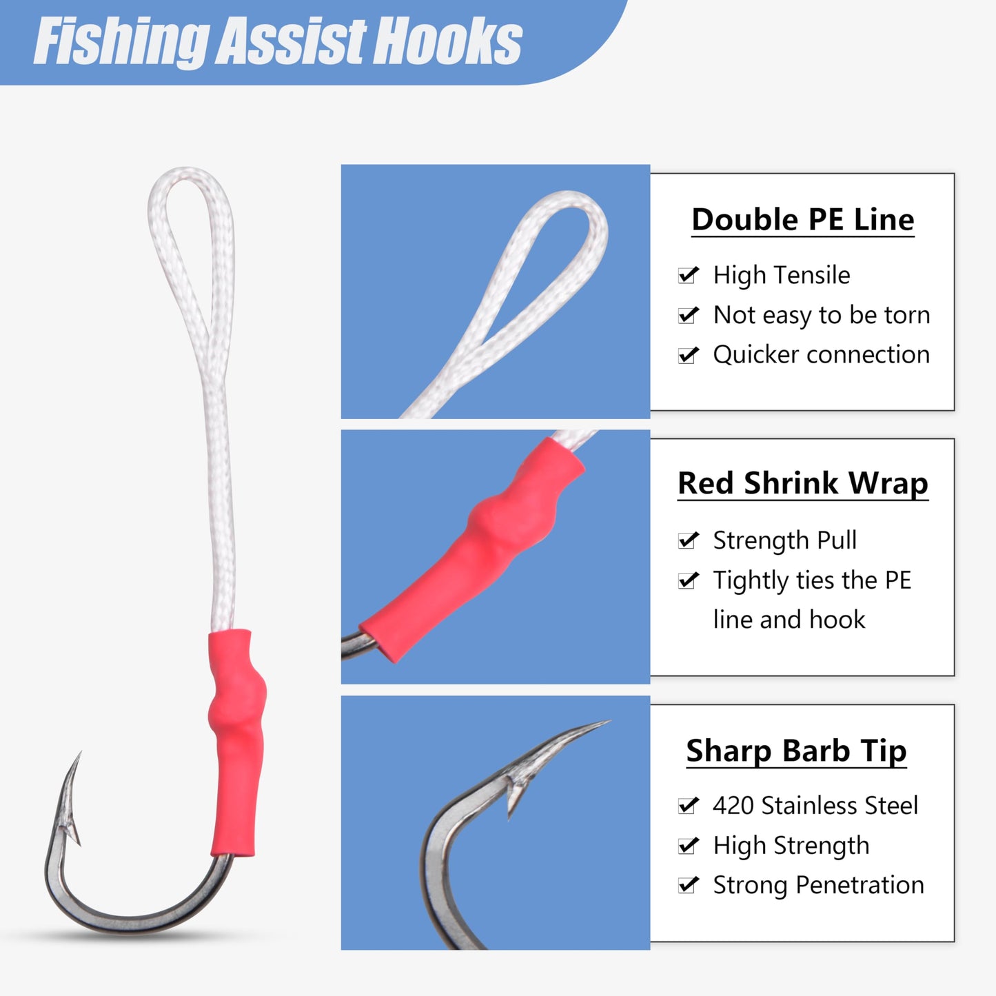 Fishing Assist Hooks for Jigging, 30pcs Saltwater Jigging Hooks for Slow Pitch Jig Speed Jig Vertical Butterfly Jig Speed Jig Hooks Stainless Steel Jigging Assist Hooks with Braid Cords