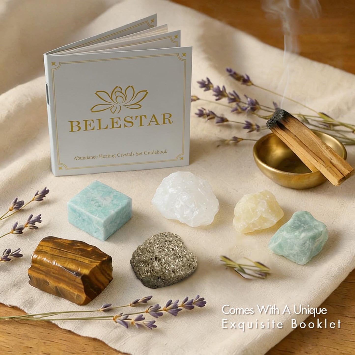 BELESTAR Abundance Healing Crystals Set - Large Raw Stones Energy Alignment Kit with Wooden Gift Box & Guidebook