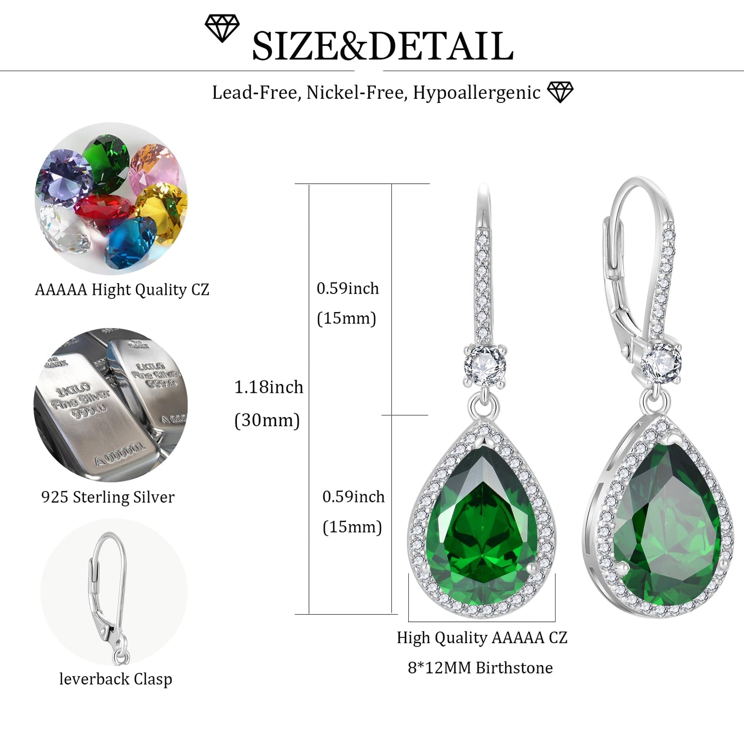 FYNSBLE Dangle Drop Earrings for Women,Sterling Silver Emerald Birthstone Leverback Earrings Hypoallergenic Jewelry for Women