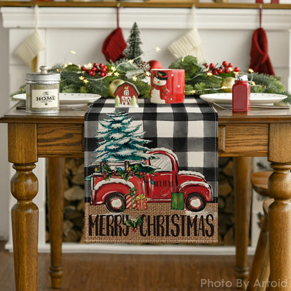 Artoid Mode Buffalo Plaid Merry Christmas Tree Table Runner, Seasonal Truck Gifts Kitchen Dining Table Decoration for Outdoor Home Party 13x72 Inch