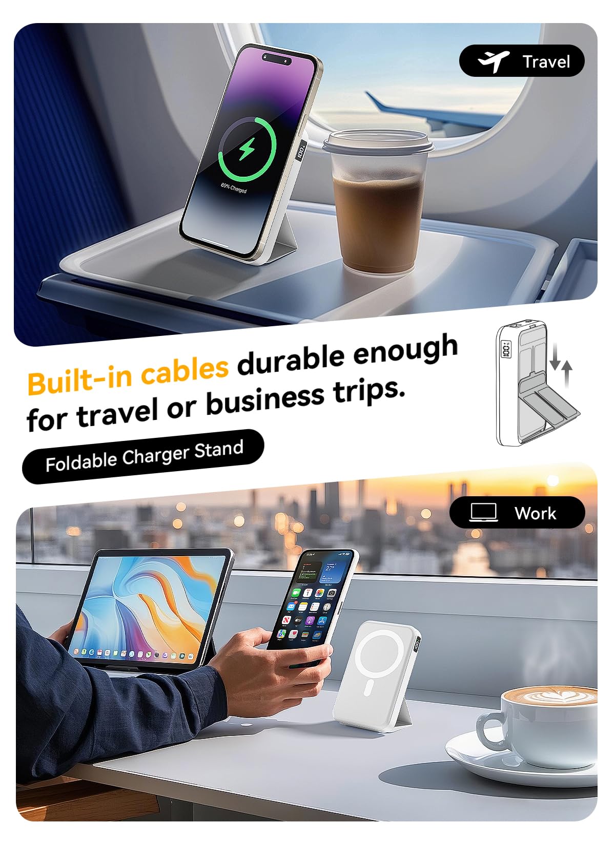 Magnetic Portable Charger, 10000mAh Wireless Power Bank with 20W USB-C Fast Charging, Foldable Stand & LED Display Magnetic Battery Pack, Compatible with iPhone 16/15/14/ All Series