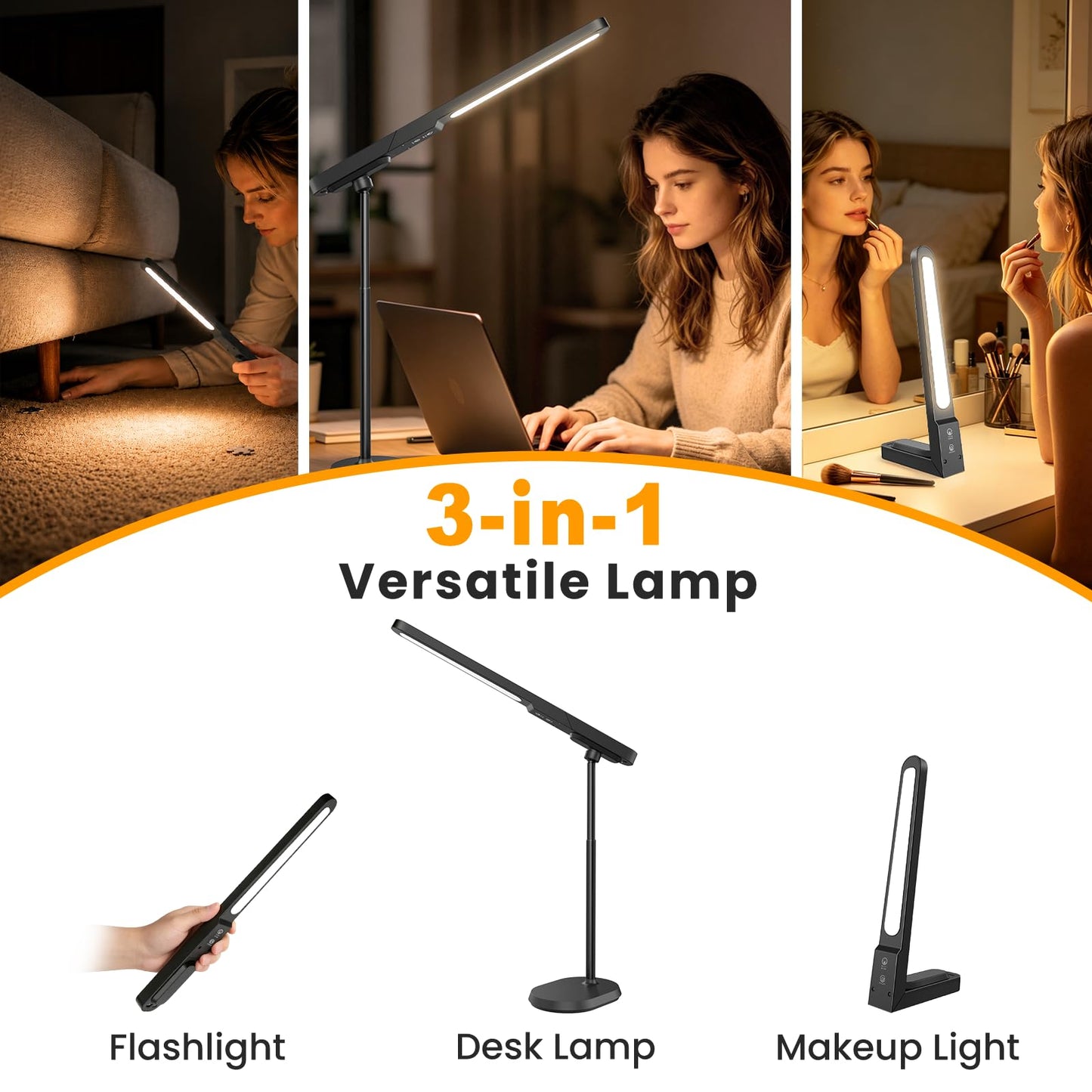 YULINKCO LED Desk Lamp, 3 Color Modes & Dimmable Brightness, Rechargeable Battery-Powered Reading Lamp, Portable Makeup Light, Desktop Lighting for Office, Reading, Puzzles, Working, Night Light