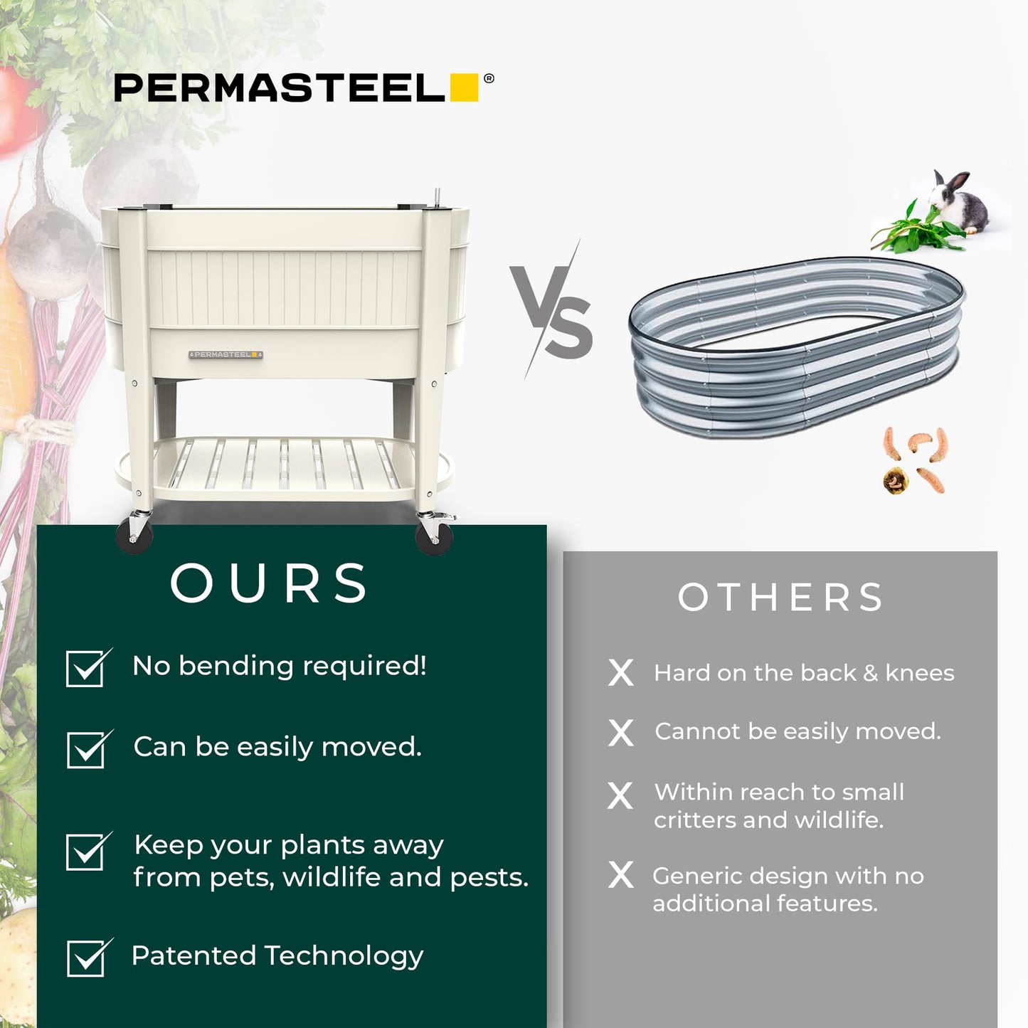 Permasteel Raised Garden Bed with Legs, Planter Box with EnGrow™ TrueSoil™ Technology for Vegetables, Flowers, Herbs, and Fruit, Outdoor Indoor, Storage Shelf, Caster Wheels, Ivory