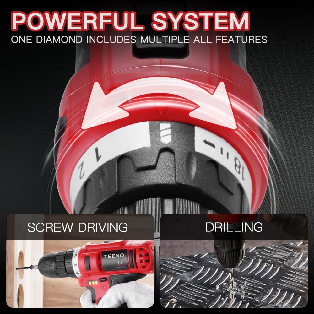 Cordless Drill Driver 21V TEENO,Battery Powered Screwdriver with 2X 1.5Ah Lithium Battery and 20 Accessories,2 Speeds,18+1Torque