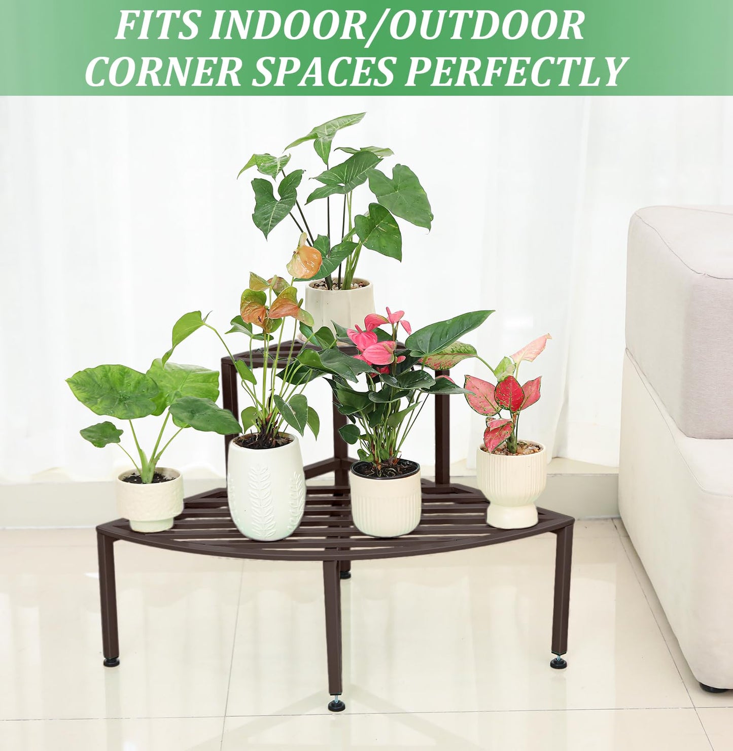 Dipion Corner Plant Stand Outdoor Metal,2 Tier Heavy Duty Ladder Plant Shelf Indoor for Multiple Plants,37.08" L x 22.83" W x 20.07" H,Coffee