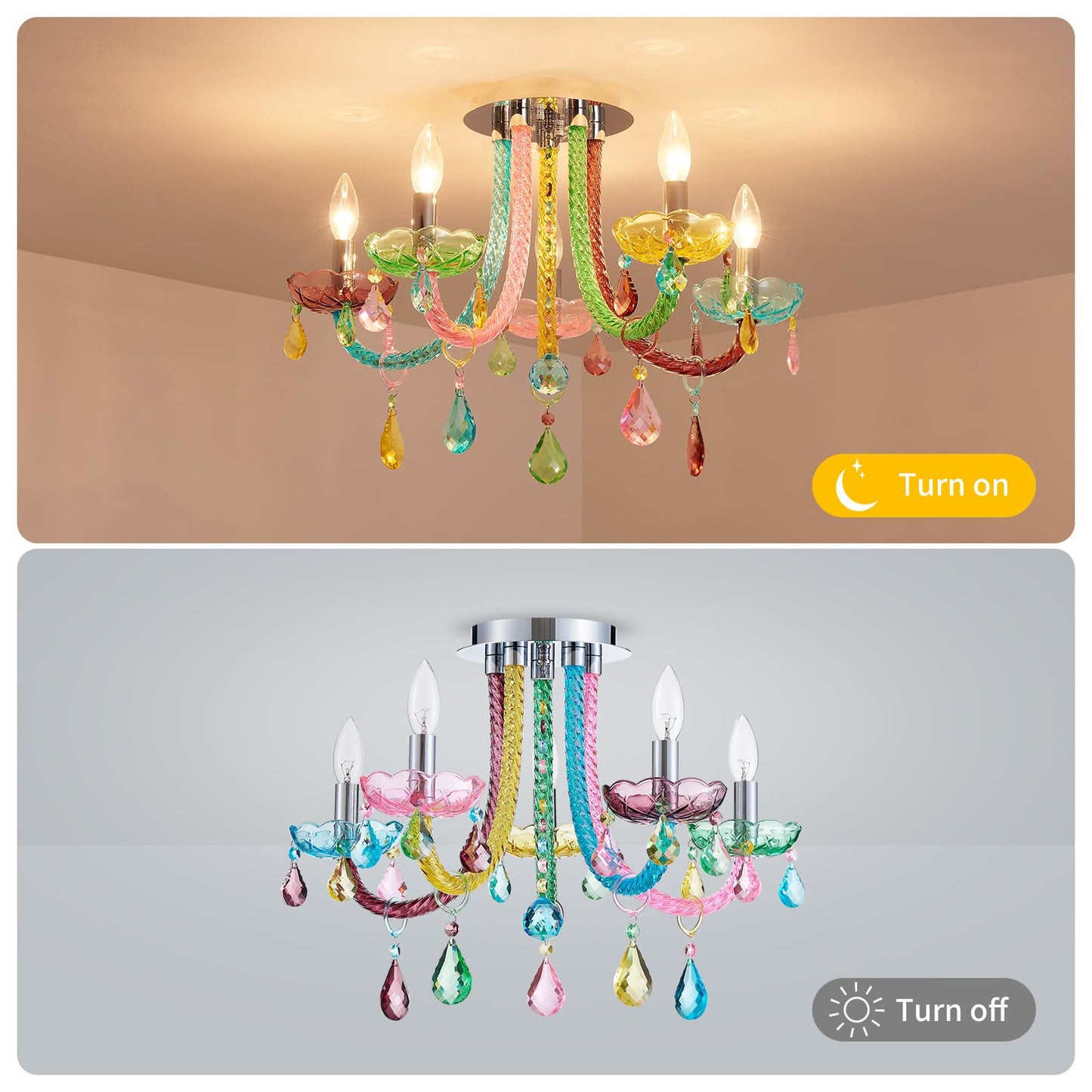 ElegLumi 5-Light Children Candle Chandeliers, Modern Candy Design Flushmount Light Fixture for Bedroom, Dining Room, Kitchen, Bathroom, D22×H16 inch, Clear Rainbow Color Finish & K9 Crystal