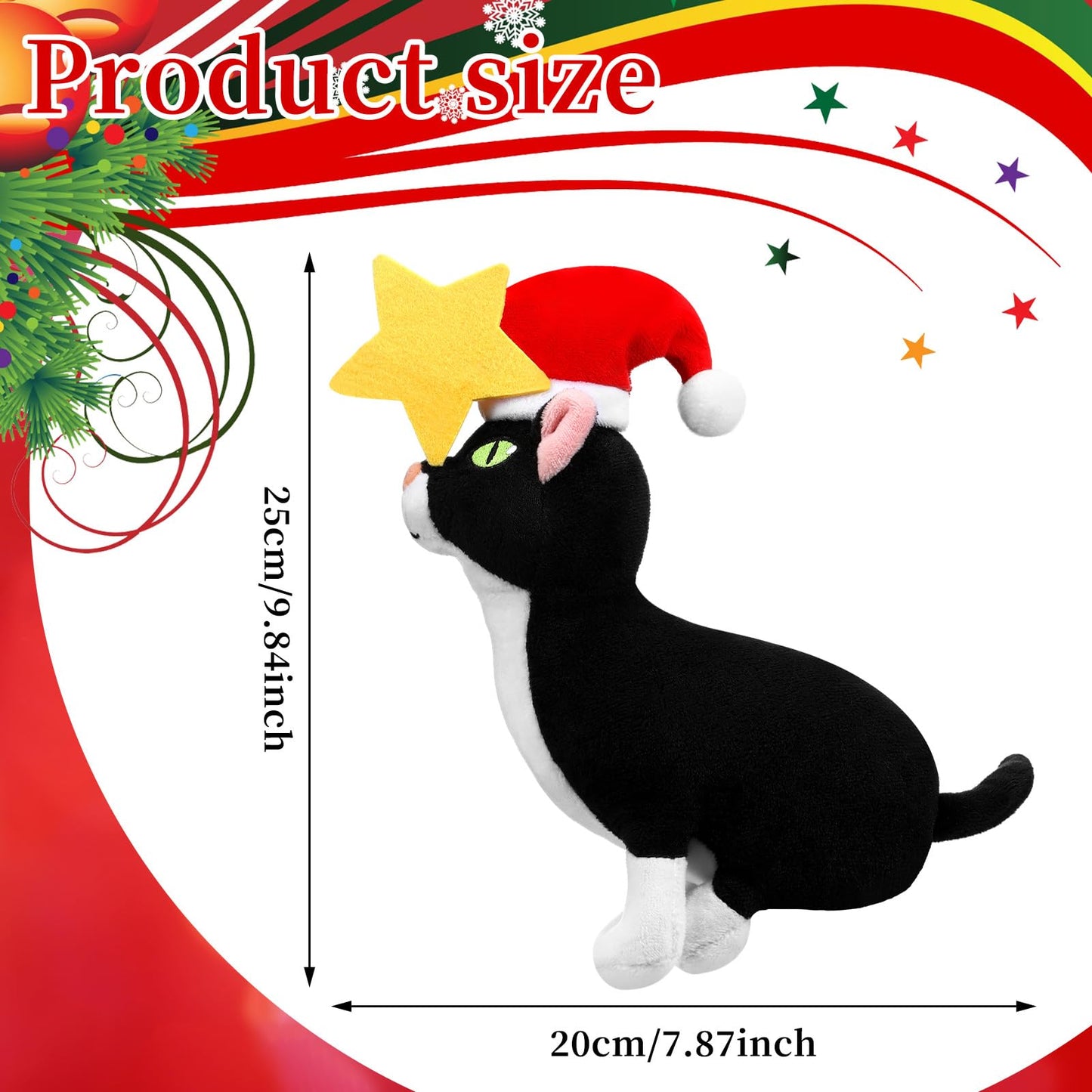 Shappy Christmas Tree Topper Decoration Black Cat Christmas Tree Topper with Star Plush Stuffed Christmas Tree Ornament Cat with Santa Hat Xmas Decoration for Cat Lovers Gift Ideas