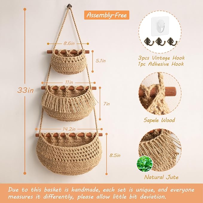 Hanging Fruit Basket, 3 Tier Over the Door Organizer, Handmade Woven Jute Wall