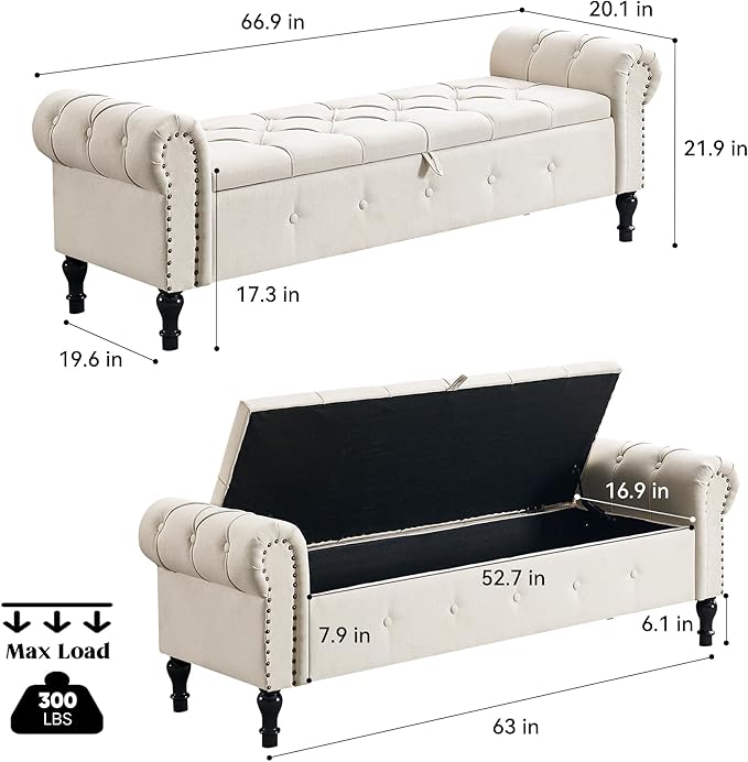 67" Storage Bench for Bedroom, Linen End of Bed