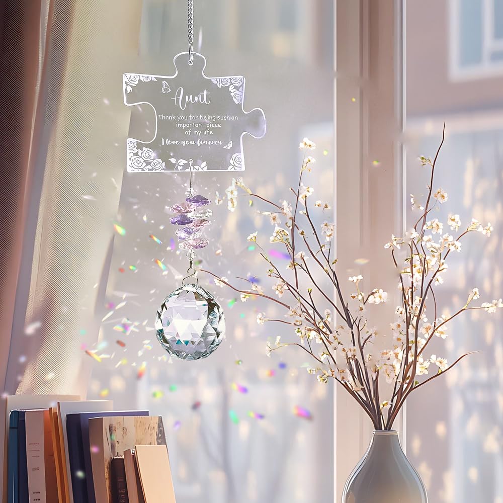 Love Aunt Gifts, Aunt Birthday Gifts from Niece, Engraved Crystal Puzzle Piece Suncatcher, Sun Catchers for Windows Hanging Decoration
