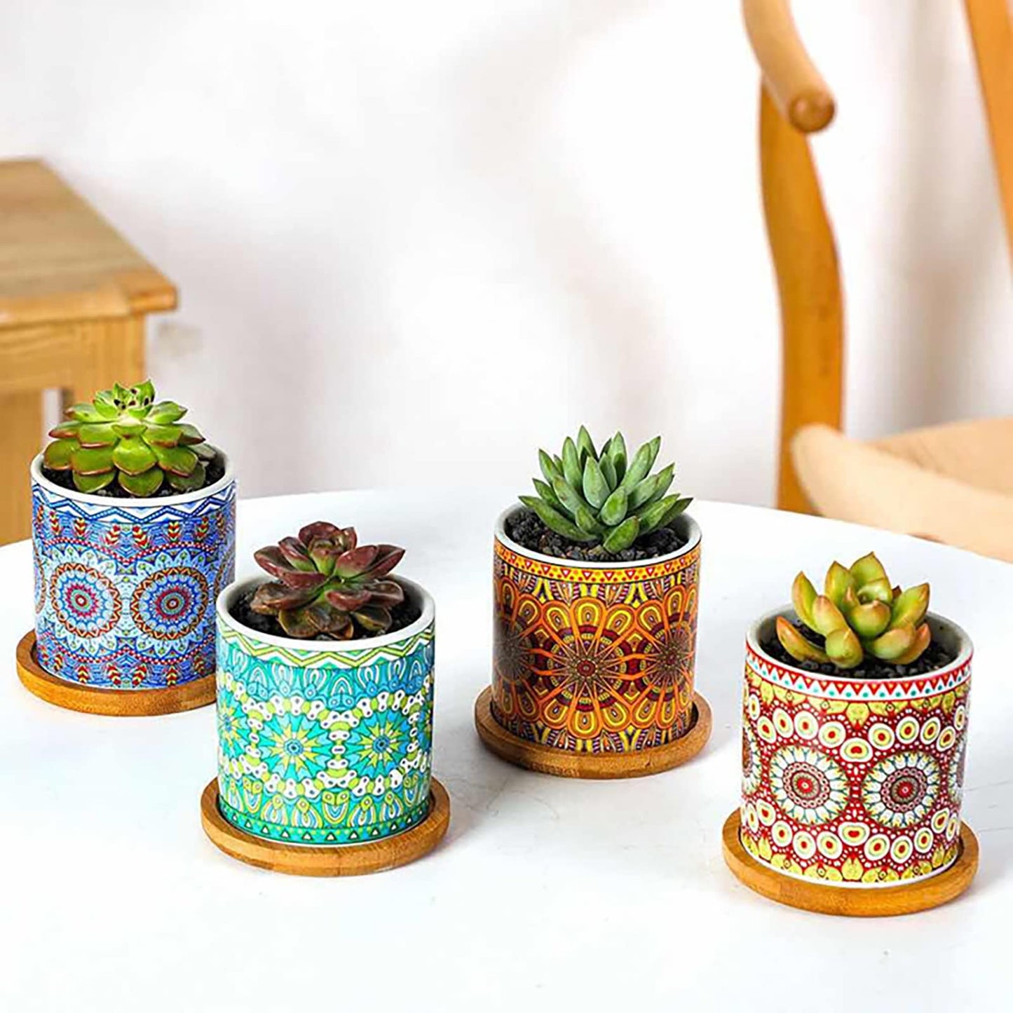 Yesland 4 Pack Succulent Plant Pots with Bamboo Tray, 3 Inch Ceramic Mandalas Pattern Cylinder Planter & Flower Pots with Drainage Hole, for Flowers, Cactus, Home, Garden, Office Decoration