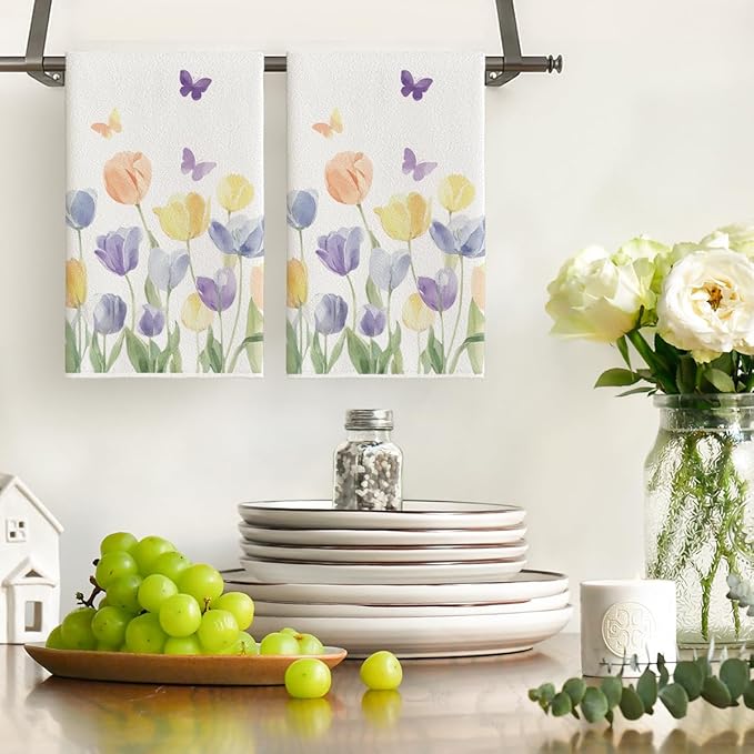 Artoid Mode Tulip Butterfly Floral Spring Kitchen Towels Dish Towels, 18x26