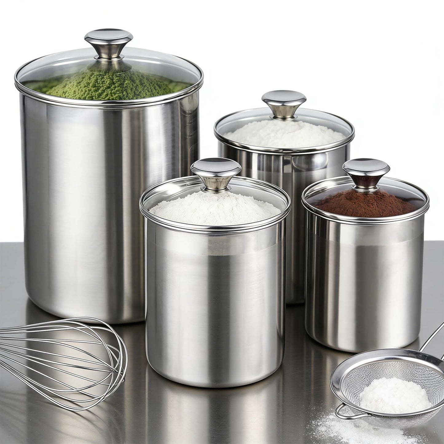 VTWTV Stainless Steel Food Canister Set 4-Piece, Airtight Kitchen Storage Containers with Lids, Metal Canisters for Flour Sugar Coffee & Pantry Organization, Rustproof & Durable Countertop Jar Set
