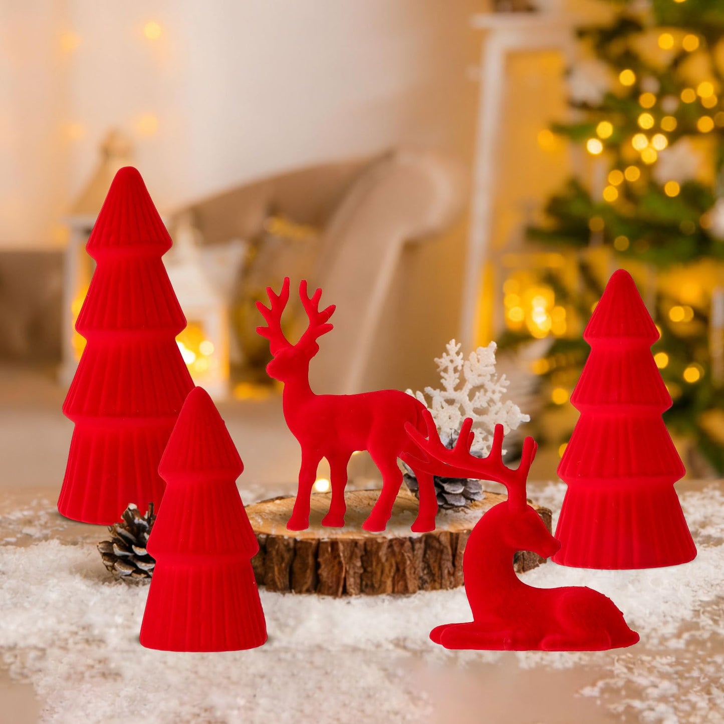 Amyhill 5 Pack Christmas Velvet Reindeer & Tree Decor Christmas Reindeer Decor Tree Figurine for Indoor Home Decoration Tabletop Mantle Cabinet Desktop Office(Red)