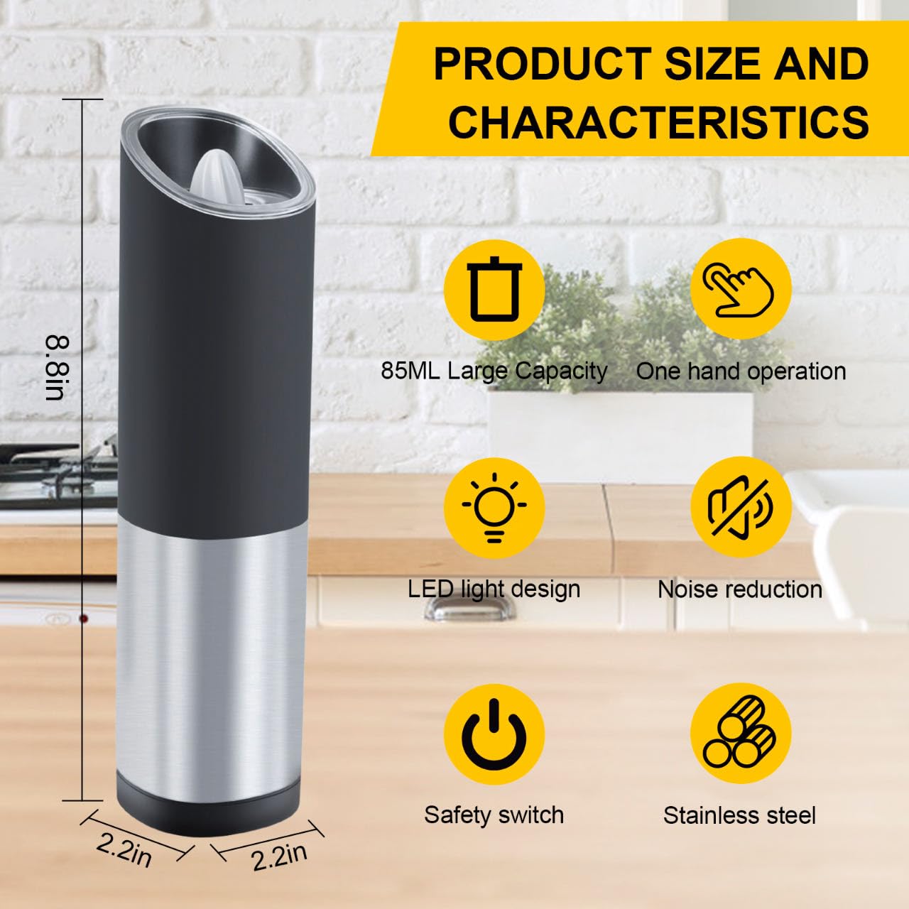 Asdmuchin Gravity Electric Salt and Pepper Grinder Set with Adjustable Coarseness, Large Capacity, Stainless Steel, Portable, Not Easily Knocked Over, Kitchen Utensils Gadgets for Dining Home Gift