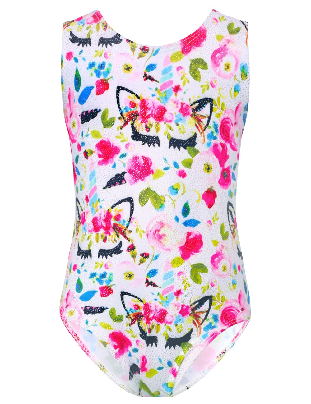 TENVDA Girls Gymnastics Leotards Size 4t 5t Sparkly Unicorn Floral White Sleeveless Tumbling Outfit Workout Bodysuits