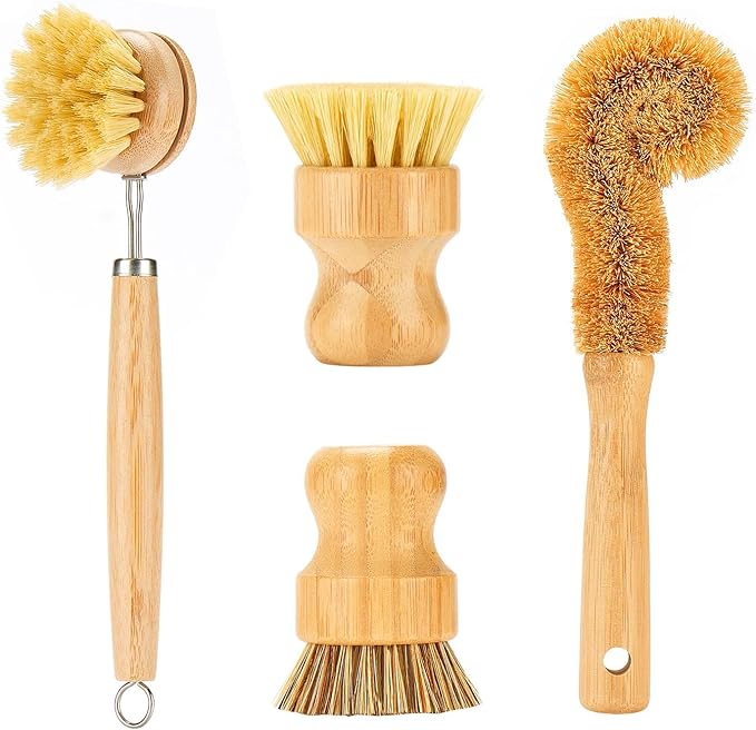 Bamboo Dish Brushes Sets 4 Tools in One Kitchen Clean Dish Scrubber