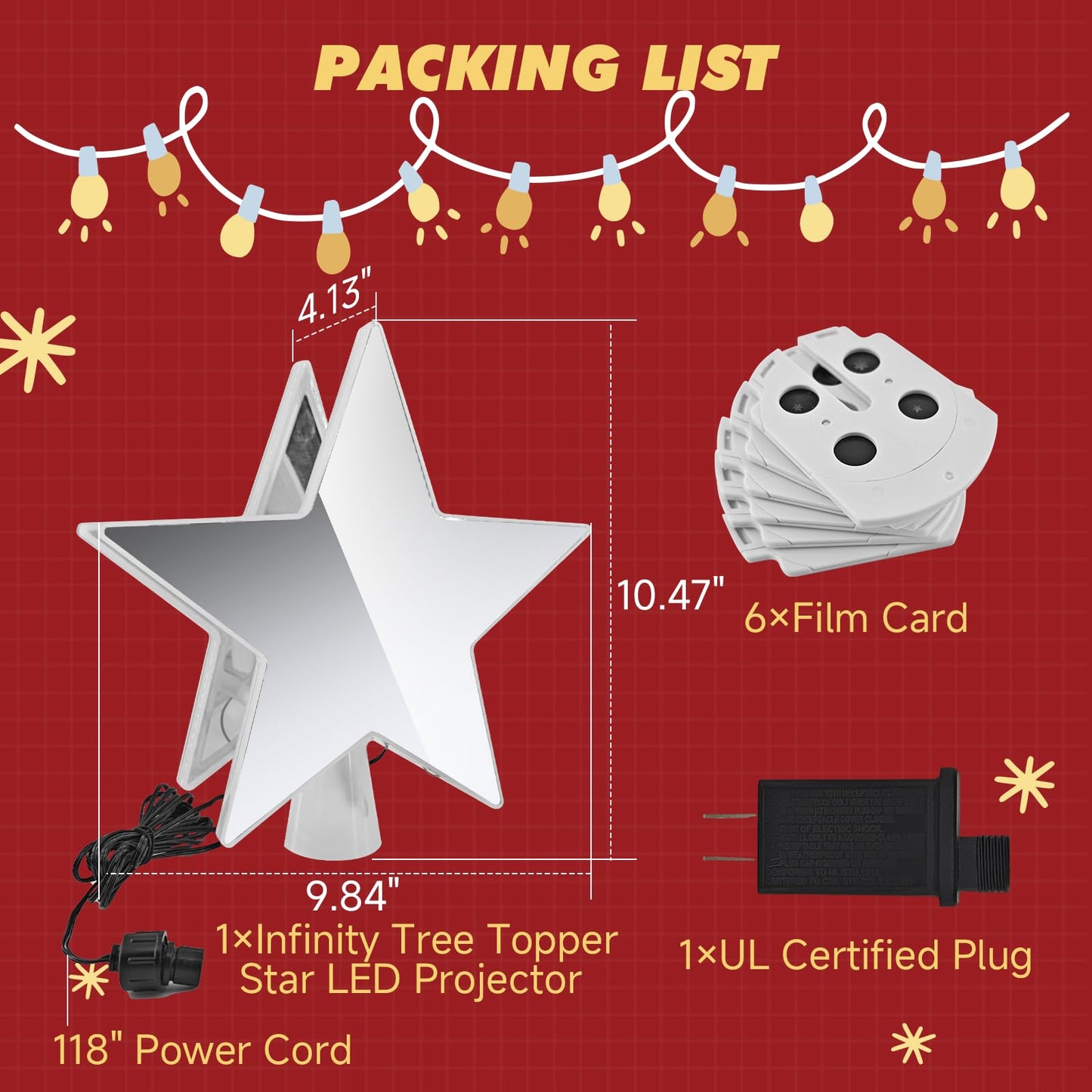 Infinity Mirror Tree Topper, Christmas Tree Topper Lighted Star with 6 Projection Modes, Dual-Side 3D Sparkling Star Treetop, UL Certified Xmas Treetop for Holiday Christmas Tree Decor (Warm White)