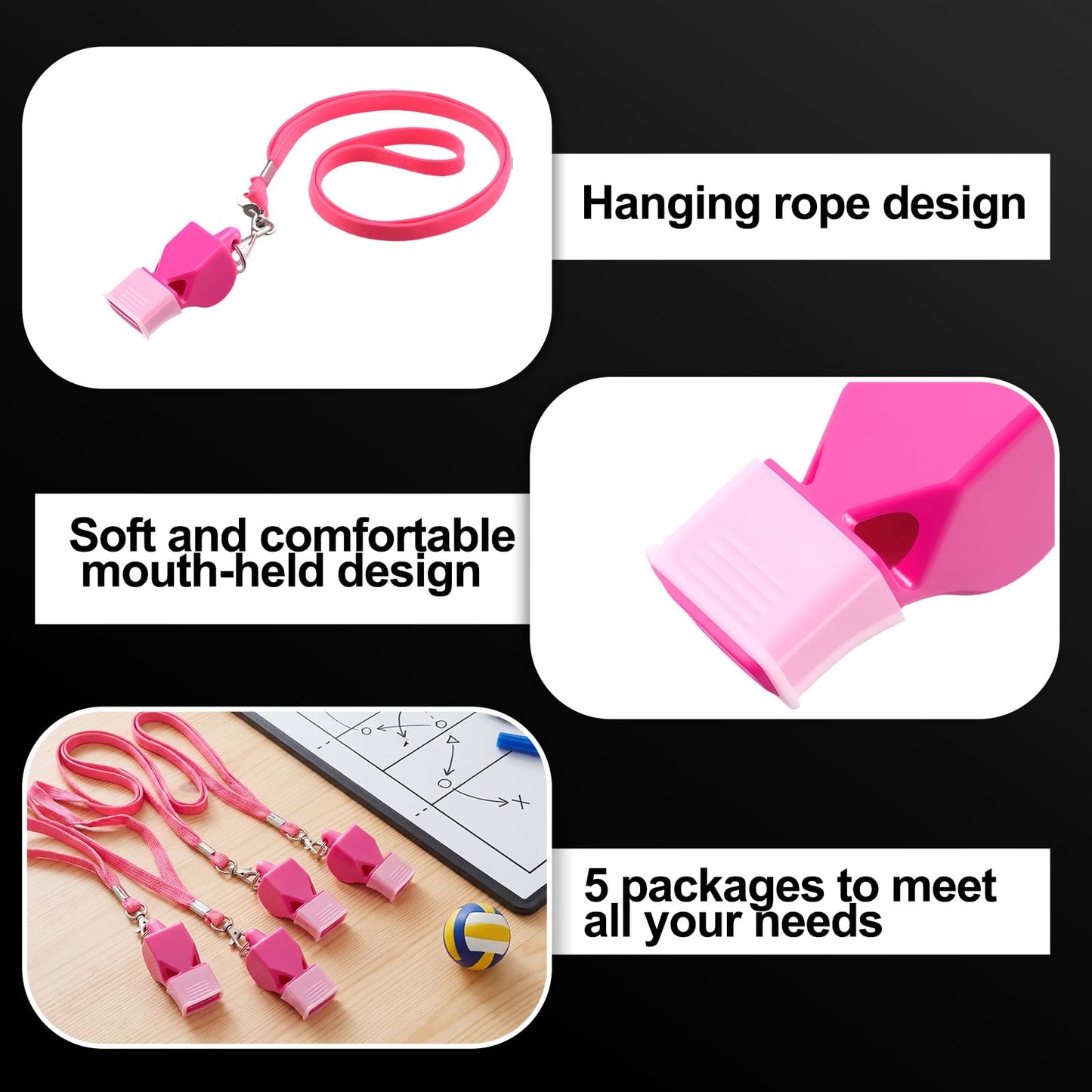 Junkin 5 Pack Pealess Referee Whistles with Lanyards, Loud Crisp Sound, Cushioned Mouthpiece for Coaches, Referees, Teachers, Lifeguards, Sports, Safety & Emergency Use(Pink)