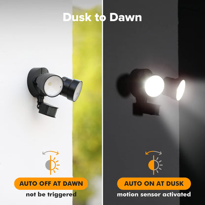 LUTEC Shrimp 12W PIR LED Security Light 1250LM 5000K Outside Lights With Sensor Outdoor Wall Lights Integrated Twin Heads Flood Light, Exterior for Patio, Garden, Yard Black