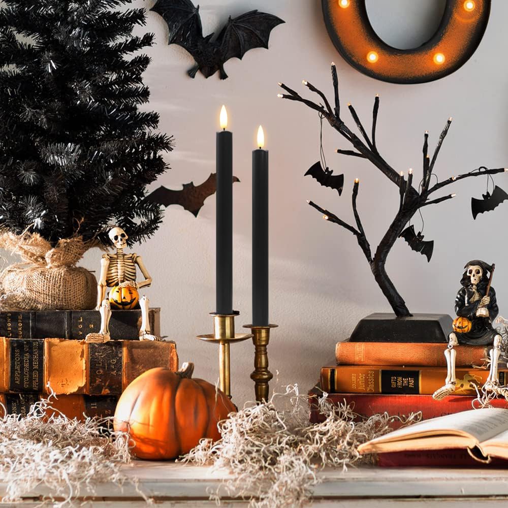 Stmarry Orange and Black Flameless Taper Candles with Remote - 10 Inch LED Candlesticks Flickering, Realistic 3D Flame with Wick, Warm White Light, Home Halloween Decor, Timer - Set of 6