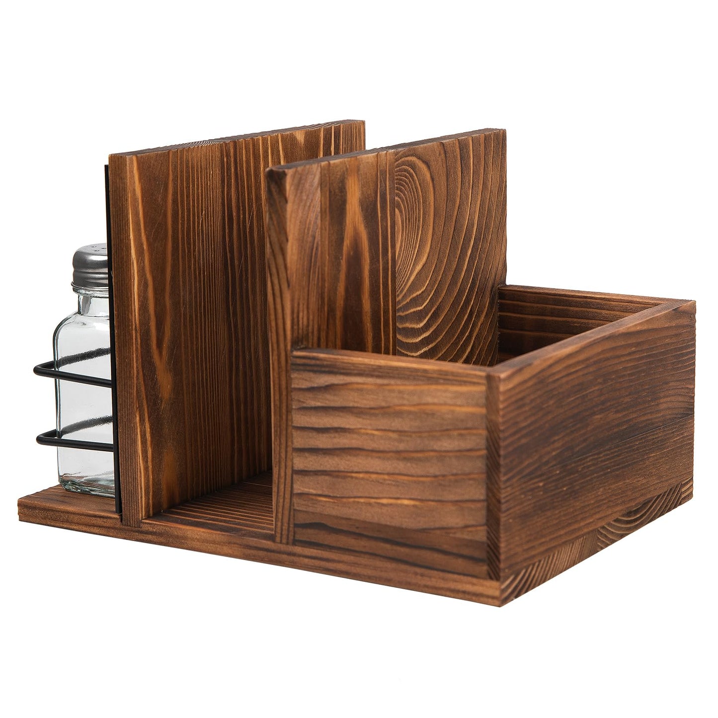 ExoLiry Rustic Burnt Wooden Kitchenware Organizer Napkin Utensil Spice Holders Table Seasoning Shakers Chalkboard Label Countertop Salt Pepper Caddy Wood Kitchen Dining Room Restaurant Café Home