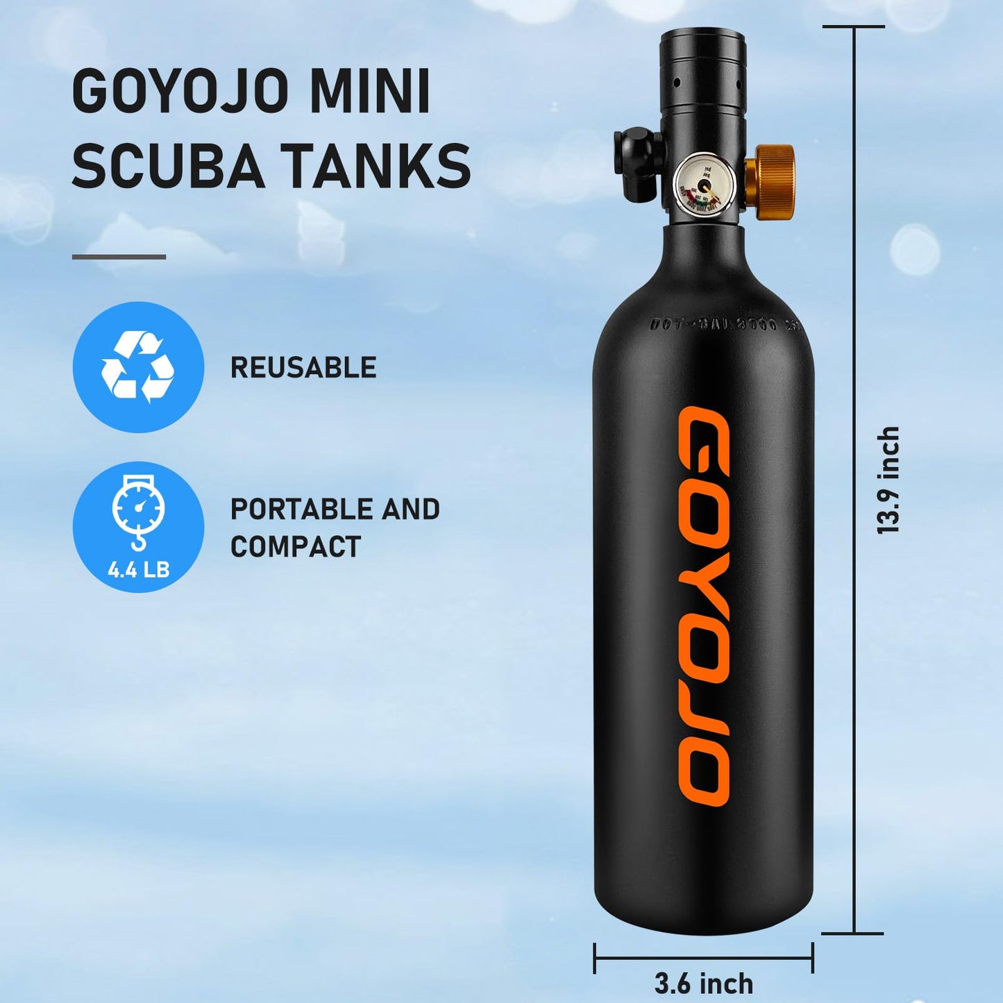 GOYOJO 1L Mini Scuba Tank with Mask – DOT Certified Portable Diving Air Tank, 3000 PSI Max Pressure, Pony Bottle Underwater Breathing Device for Snorkeling & Scuba Diving (Black)