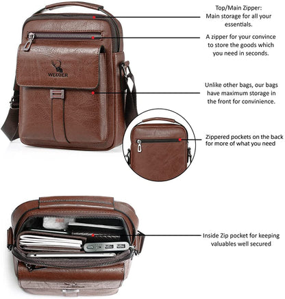 A-QMZL Men's Shoulder Bag Messenger Bag PU Leather Business Travel Crossbody Pack Satchel Side Bag Casual Handbags Man Bag for Working HikingTraveling Daily Use (dark brown)