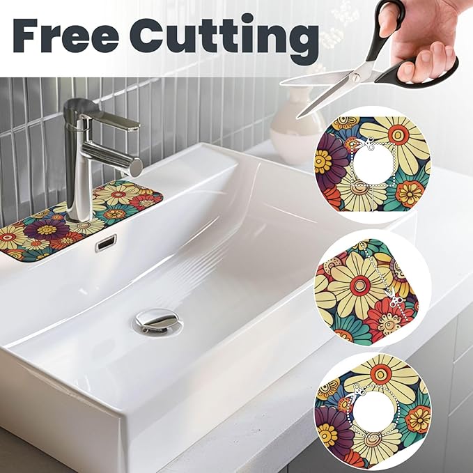 Kitchen Faucet Mat 15 x 5.5 Inch Abstract retro flower Faucet Draining Mat
