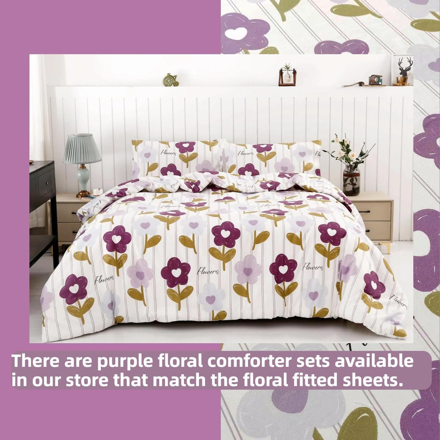 SDIII Purple Floral Twin Fitted Sheet with 2 Pillowcases, Deep Pocket Soft Microfiber Purple Floral Sheet Twin Size All Season