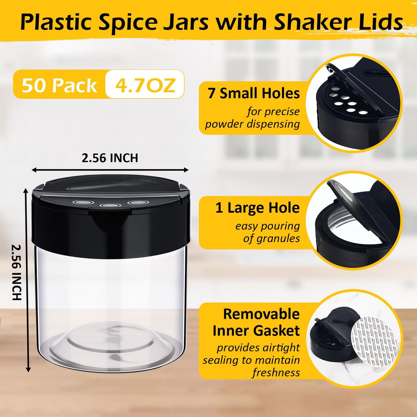 Yiyiring 50 Pack 4.7 oz Plastic Spice Jars with Black Cap Empty Clear Plastic Spice Bottle Containers Reusable Seasoning Jars with Shaker Lids for Kitchen Storing and Dispensing Salt Powders