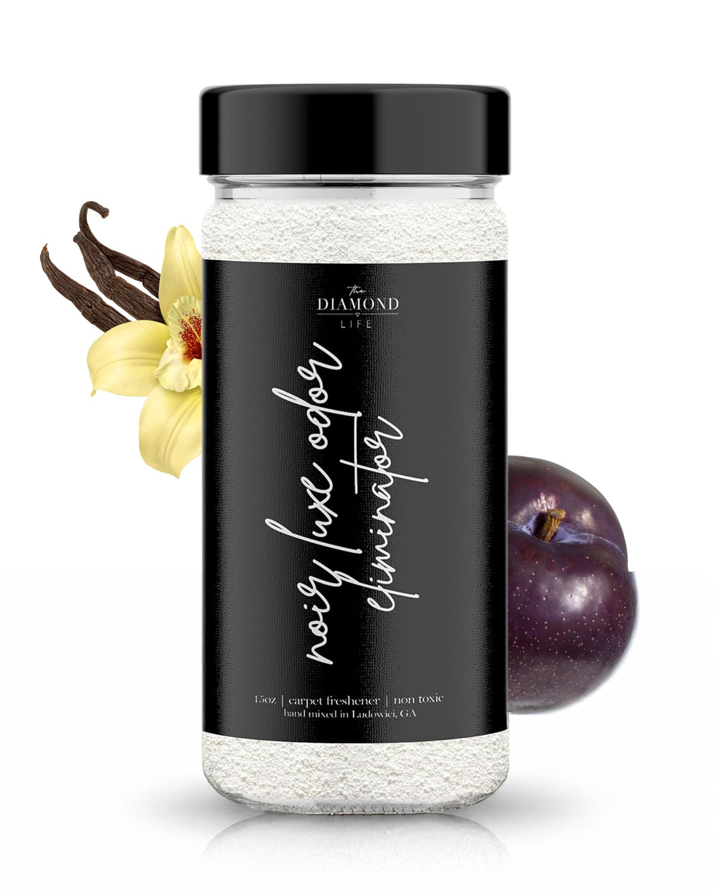 The Diamond Life Home "Noir Luxe" Eco-Friendly Carpet Powder/Upholstery Deodorizer – Black Plum, Sea Salt, and Ozone – Eliminates Odors Naturally, Cat Litter/Dog Bed Pet-Friendly, 15 oz