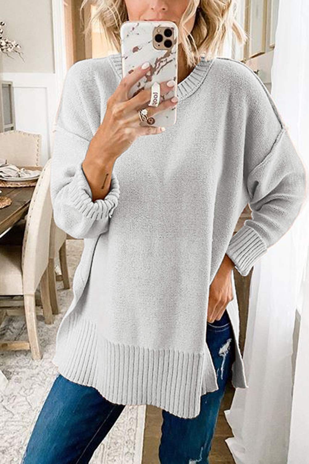 MEROKEETY Women's 2025 Fall Winter Oversized Pullover Sweater Casual Loose Crew Neck Long Sleeve Side Split Jumper Tops