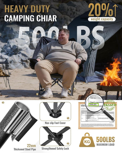 KingCamp Oversized XL Camping Chair, Heavy Duty 500lbs Folding Couch for Adults, Padded Large Comfortable Sofa Seat with Cooler Bag Cup Holder for Outdoor Sports Fishing Patio Lawn, Black/Grey
