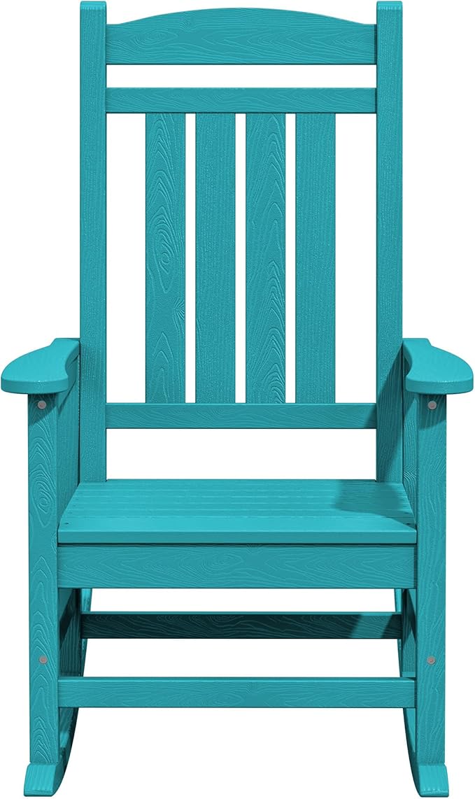 KINGYES HDPE Outdoor Rocking Chair Set of 4, All-Weather Poly Patio Rocking Chairs with 330lbs Support for Adults, Aruba Blue