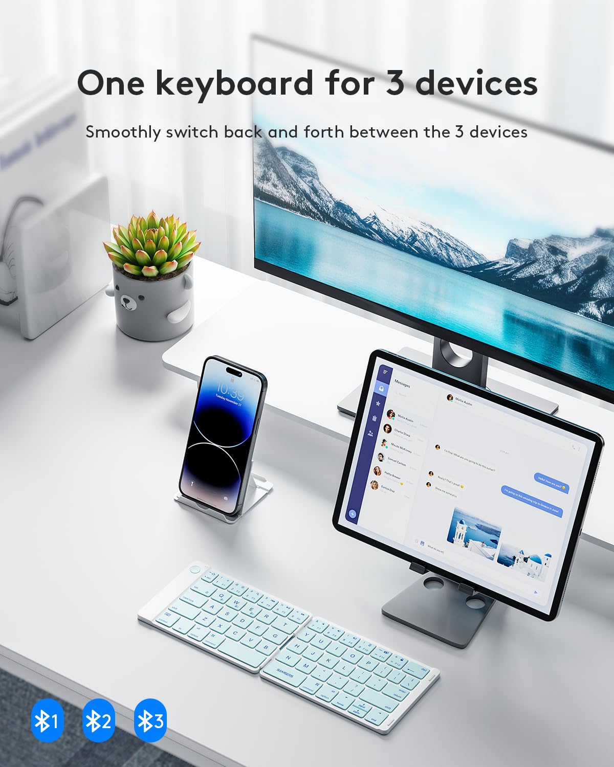 Samsers Foldable Bluetooth Keyboard - Portable Wireless Keyboard with Stand Holder, Rechargeable Full Size Ultra Slim Folding, Compatible iOS Android Windows Smartphone Tablet and Laptop - Black