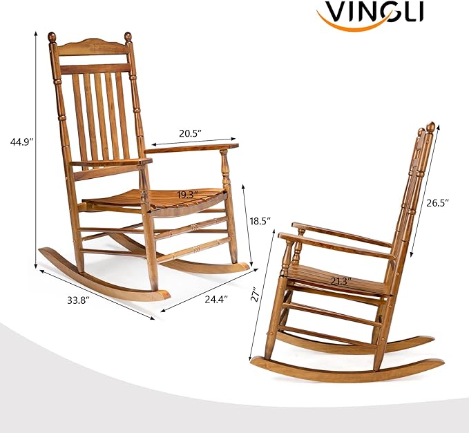 VINGLI Wooden Rocking Chair, Outdoor Chair with 450 lbs Support, Relaxing Rocker with Solid Wood High Back Seat Reclining Seat for Deck, Garden, Backyard, Porch, Indoor or Outdoor Use (Teak, 1PC)
