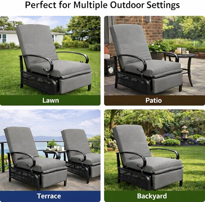 Kozyard Adjustable Outdoor Reclining Lounge Chair, Cushioned Patio Chaise Lounge with Extendable Metal Frame for Sunbathing, Reading & Relaxing – Comfortable Outdoor Recliner(Beige)