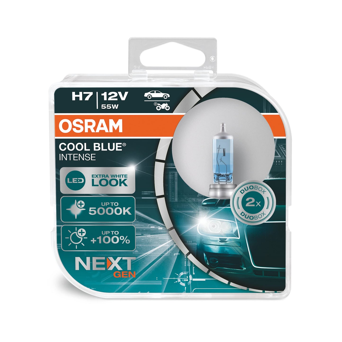 OSRAM COOL BLUE INTENSE H7, +100% more brightness, up to 5,000K, halogen headlight lamp, LED look, duo box (2 lamps), 64210CBN-HCB