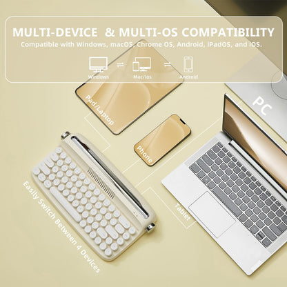 YUNZII Upgraded Wireless Typewriter Keyboard,with Retro Integrated Stand,USB-C/Bluetooth,Cute Round Keycaps, USB-C/Bluetooth Connection for Table, Phone, PC and Win/Mac/Android (B309, Baby Pink)