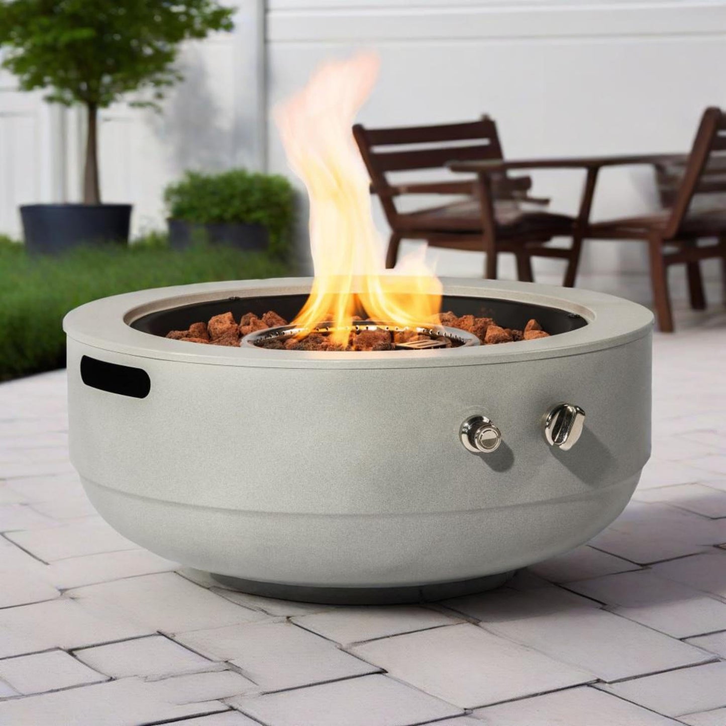 24" Propane Fire Pit Bowl, 50,000 BTU Round Steel Gas Fire Pit with Lid & Lava Rocks, Outdoor Patio Fire Bowl for Backyard, Deck, Garden, Grey
