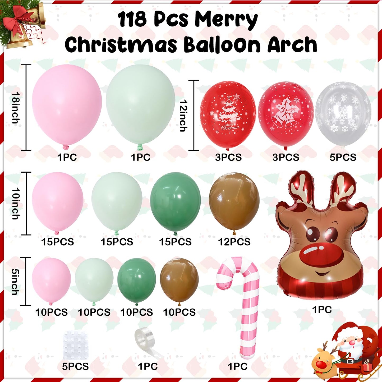 Christmas Balloon Arch Kit Gingerbread Balloon Garland Pastel Green Pink Red Snowflake Balloons Reindeer Peppermint Candy Cane Foil Balloons for Gingerbread Nutcracker Baby Shower Birthday Party Decor