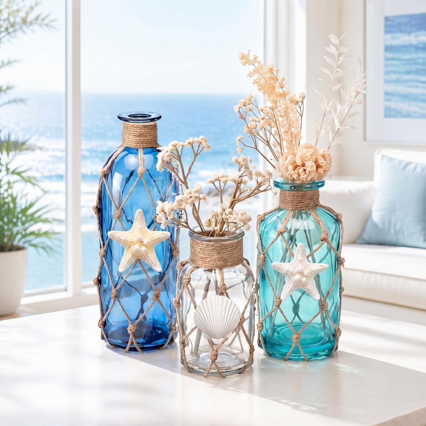 FoldTier Coastal Glass Vases Set of 3 Rustic Beach Vases for Flowers Natural Starfish Shell Jute Rope Sea Glass Bottle Farmhouse Nautical Home Decor for Table Mantel Shelf Living Room Kitchen Bathroom