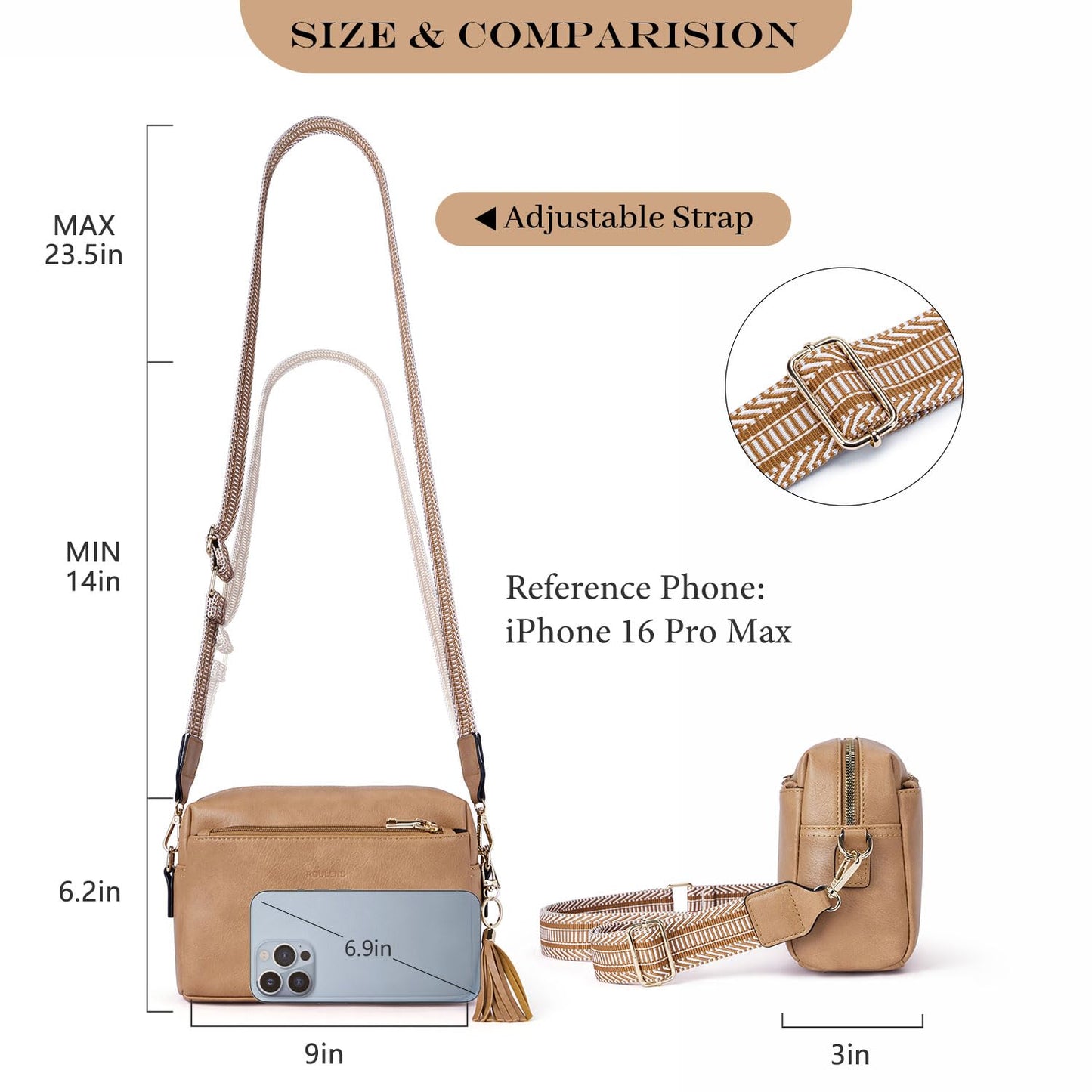 Roulens Triple Zip Small Crossbody Bag for women,Wide Strap Cell Phone Purse Shoulder Handbag Wallet with Credit Card Slots
