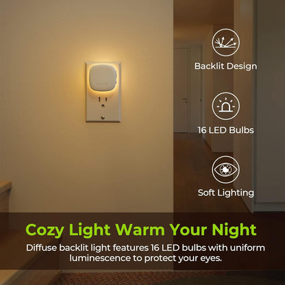 AUVON Plug-in LED Backlit Night Light with Motion Sensor & Dusk to Dawn Sensor, Dimmable Amber Nightlight with 1-50 lm Adjustable Brightness for Bedroom, Bathroom, Stairs, Hallway (4 Pack)
