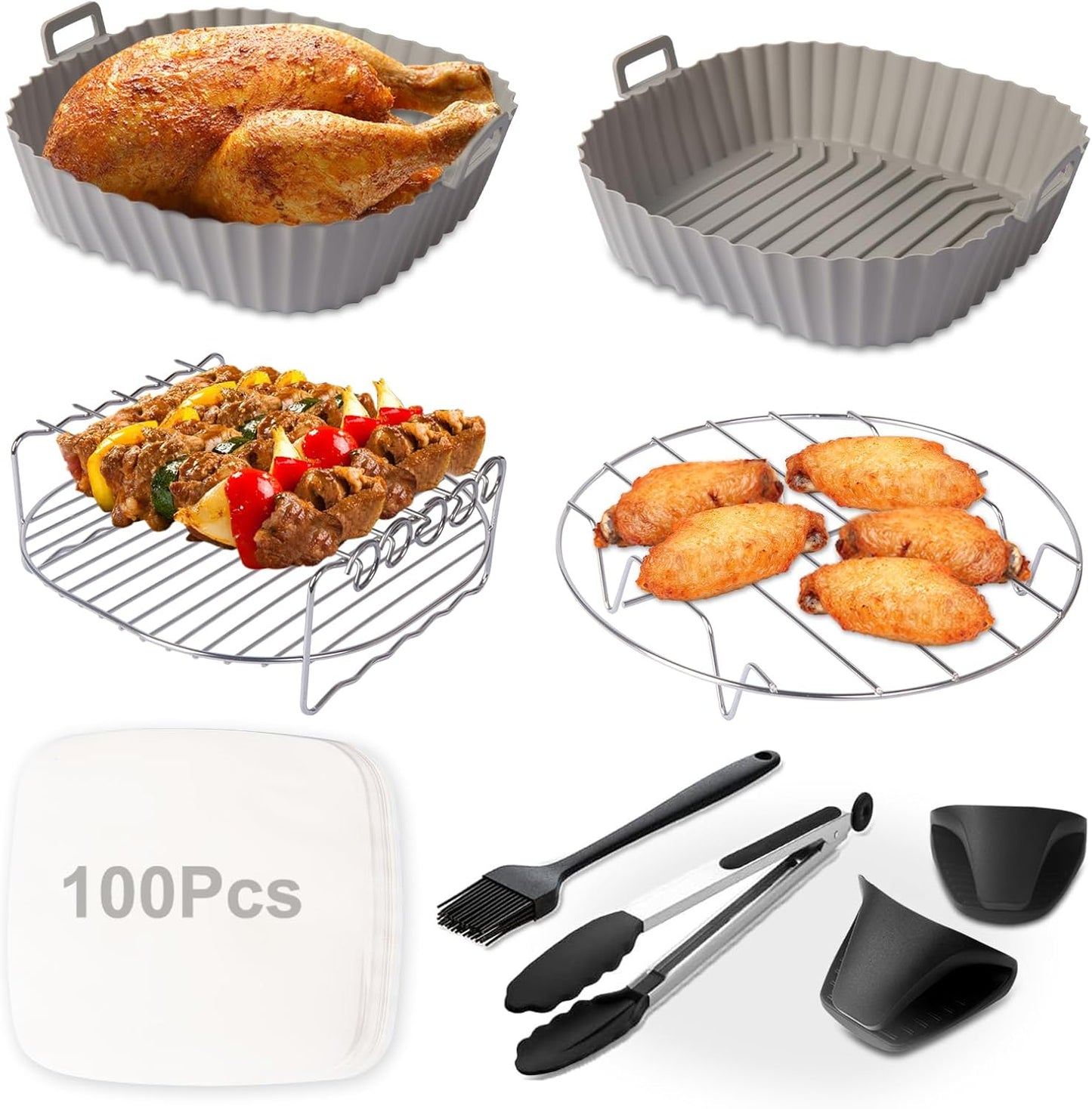 Air Fryer Accessories Fit for Instant Vortex Plus 6 Quart Air Fryer, Cosori 5.8QT 6QT, PowerXL 7QT, Gourmia, Nuwave, Cuisinart, Including Rack & Skewers, Etc